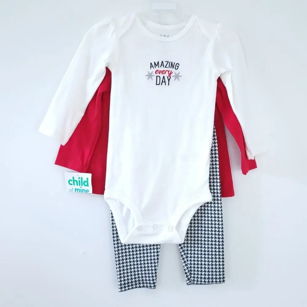 New 12 Month Girls 3 Piece Set, Houndstooth, Two Shirt, Pants Holiday Christmas